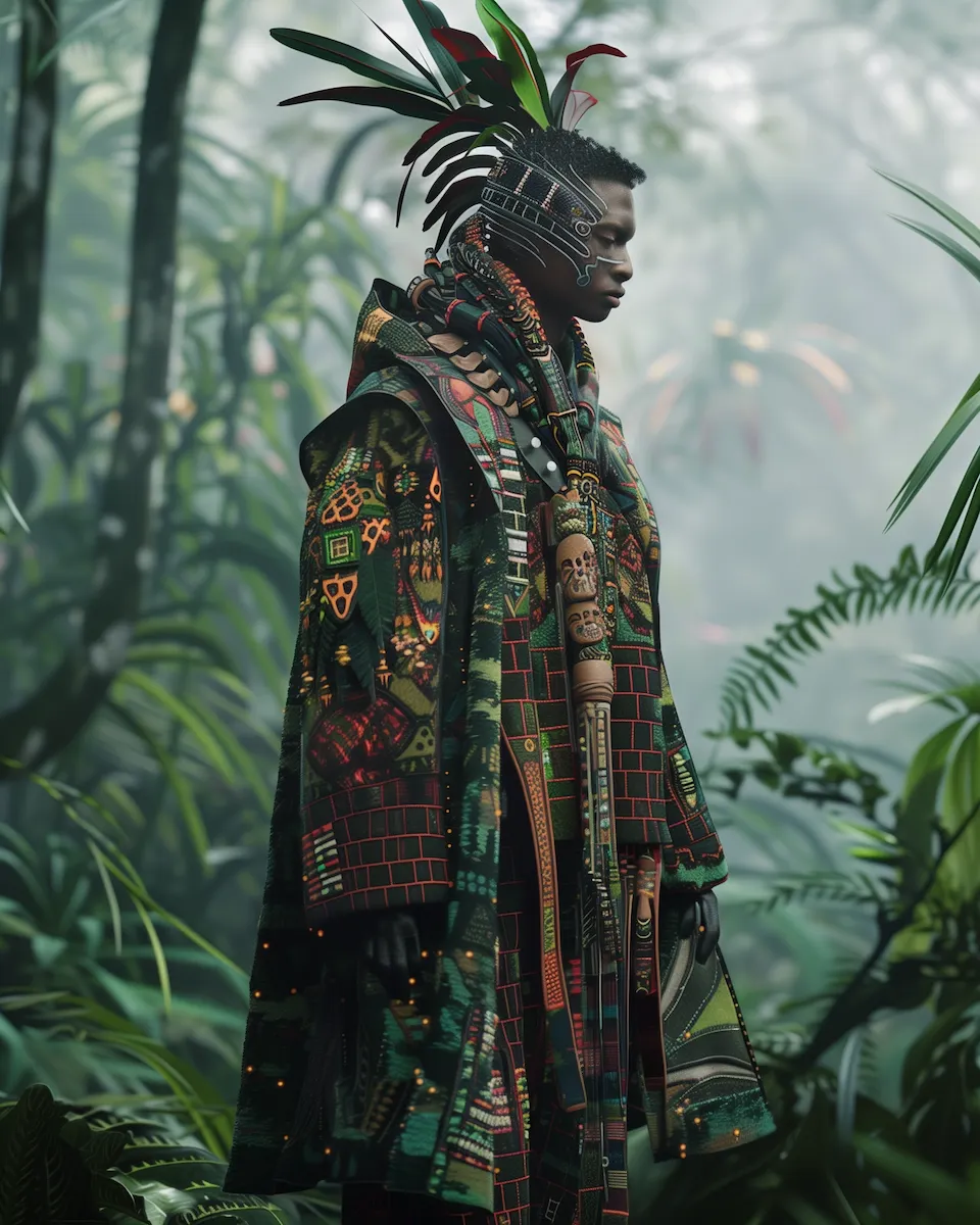 A model dressed in futuristic clothing inspired by the indigenous cultures of the Amazon rainforest.